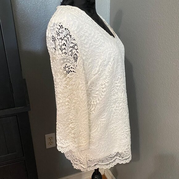 Roz & Ali Blouse Size Large Off White Lace V-Neck Paisley Top Lined Cottagecore - Picture 9 of 10